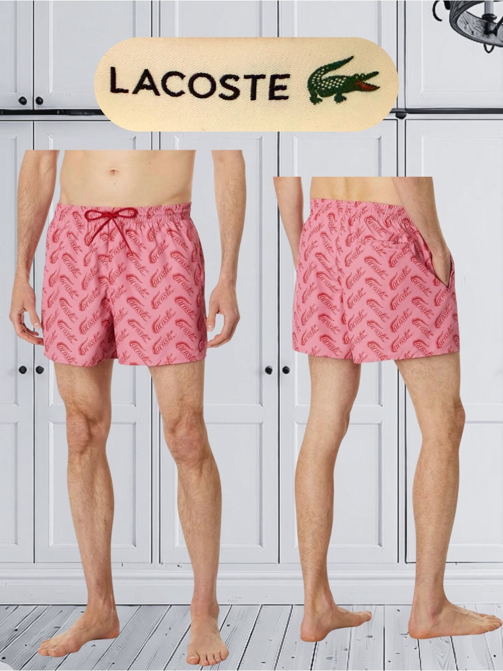 Lacoste Men’s Script Logo Printed Swim Trunks Size Large